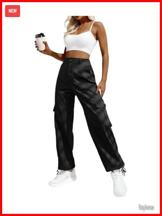Pants - High Waisted Cargo Pants Y2K Streetwear Baggy Stretchy 6 Pockets Drawstring